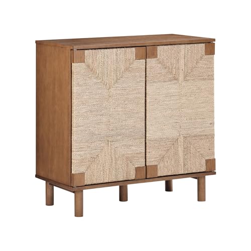 Image of Nathan James Beacon Boho Accent Cabinet with Doors, Free Standing Kitchen Cabinet Storage with Adjustable Interior Shelf and Seagrass Accent, Dark Brown