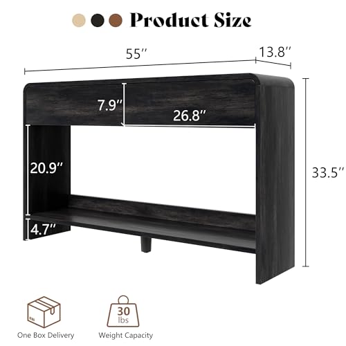 Image of AMERLIFE 55 inch Modern Console Table with 2 Storage Drawers and Open Shelf, Wooden Entryway Table with Curved Edges, Sofa Table Behind Couch for Hallway, Foyer, Entrance, Living Room, Black