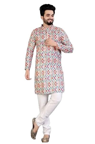 Lookmark Men's Cotton Blend Printed Long Kurta Suitable For All Indian Wedding, Occasions, And Festivals (Az-Lm-Og-Kurta 14-Xl) Grey