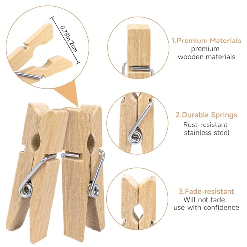 joycraft Mini Wooden Clothespins with String - 100Pcs Brown Craft Clips, 1.4 in Photo Holder Hanging Clips for DIY Craft, Wedding Party Decor, Classroom Projects, Photo Wall