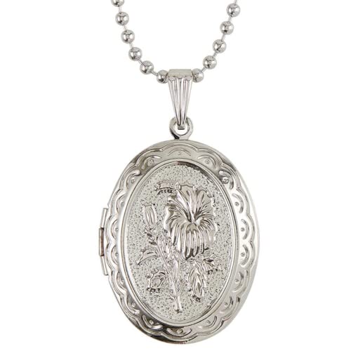 Our Lady Of Guadalupe Silver Tone Locket Necklace For Women, Engraved Floral Design Oval Pendant Photo Charm With Full Color Image Inside, Religious Catholic Jewelry Gifts, 22 Inches #TOP1