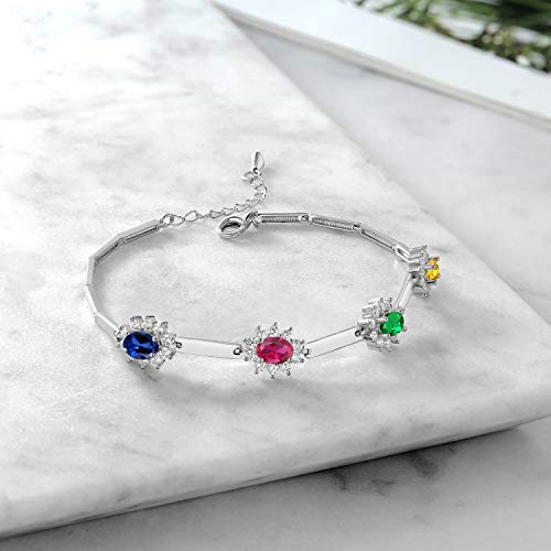 Gem Stone King Customized and Personalized Engraved 4 Gemstone Birthstone and White Created Sapphire Tennis Bracelet For Women | 925 Sterling Silver | 7 Inch + 1 Inch Extender4