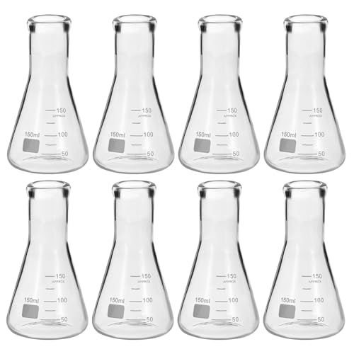 PATIKIL Erlenmeyer Flask, 8Pcs 150ml 5oz Narrow Mouth Graduated Flasks Borosilicate Glass with Printed Graduation for Lab Experiment Chemistry Science Study
