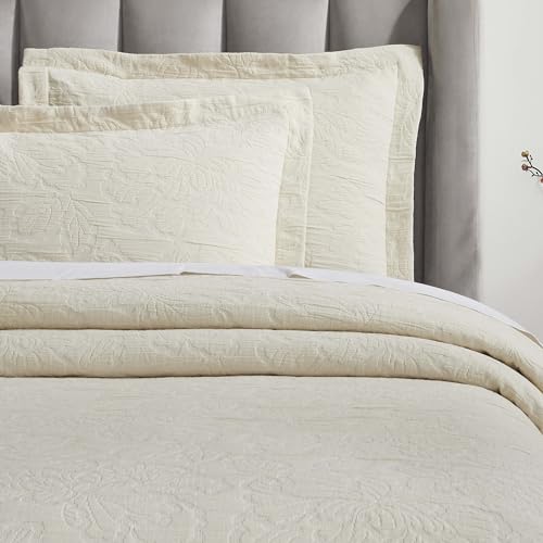 Superior 3 Piece Cotton Bedspread Set, Home Bed Decor, Decorative Bed Spread, 2 Pillow Shams, Medium Weight Blanket, Matelasse Coverlet, Bedding Essentials, Hibiscus Collection, Queen, Ivory