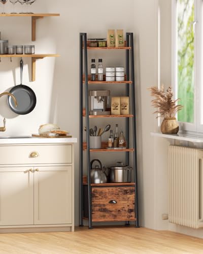 Image of Furologee 6 Tier Ladder Shelf,Ladder Bookshelf with Drawer,Industrial Tall Bookcase,Storage Rack Organizer,Wood Metal Freestanding Shelves for Living Room, Home Office, Bedroom,Rustic Brown