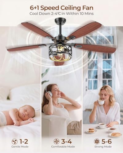 Image of Ceiling Fans with Lights and Remote, 52'' Vintage Caged Ceiling Fan with Light, 5 Blades, 6+1 Speed, Flush Mount Ceiling Fan Whisper-quiet for Farmhouse, Living Room, Kitchen and Porch (52 Inch)