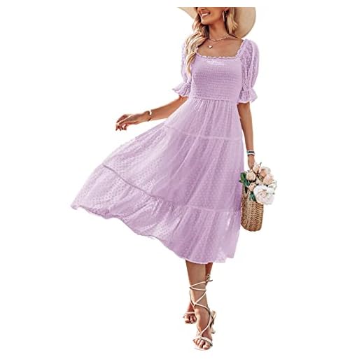 SYZRI Women's Summer Square Neck Puff Sleeve Ruffle Midi Dress Boho Swiss Dot Tie Back Smocked Dress, Lavender, Medium