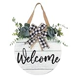 3D Welcome Wreaths for Front Door | White Horizontal Concave Stripes Wooden Farmhouse Welcome Sign for Home Wall Decor
