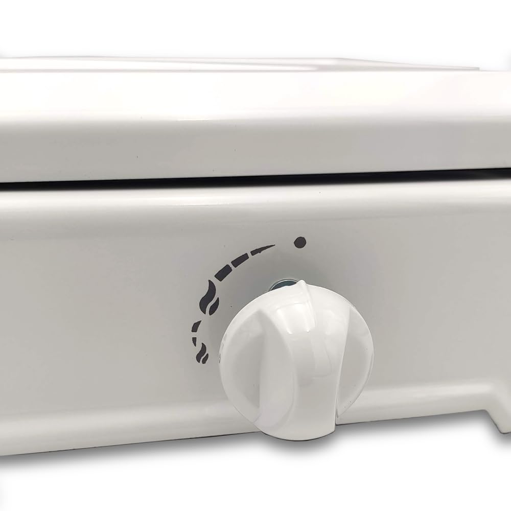 Hornillo de Gas portátil 2 Fuegos - Control de Llama - Estufa de Camping compacta con Tapa - Ideal para Camping, Exterior y Viajes - 4 Patas de Goma Antideslizantes - Color Blanco