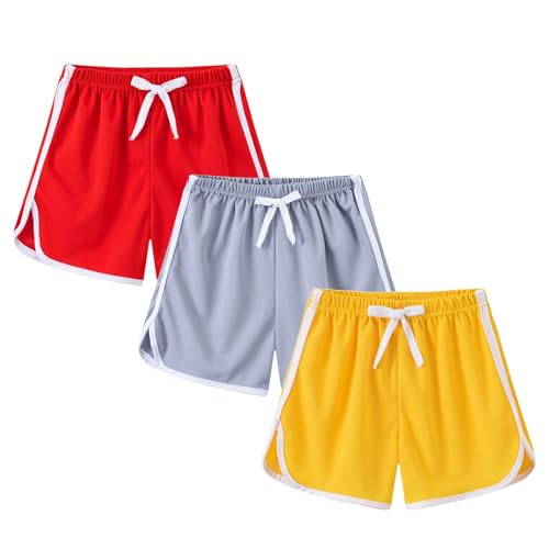 Boys Girls Athletic Shorts 3 Pack Elastic Waist Solid Drawstring Lightweight Shorts Kids Summer Running (L, 6-7 Years)