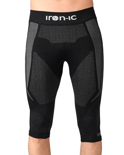 Photo de Iron-Ic - Legging thermique pour homme 3/4 sans couture respirant et antibactérien, Baselayer Technique THERMIC avec système I‑Band pour activités intensives - Art. 600309, Noir , S-M