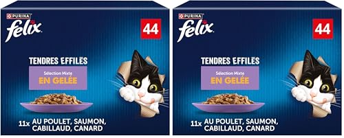 FELIX | Tendres Effilés | en Gelée | Chat Adulte | Recette 100% Complète et Equilibrée | Sélection au Saumon, Poulet, Canard et Cabillaud | Sachets...