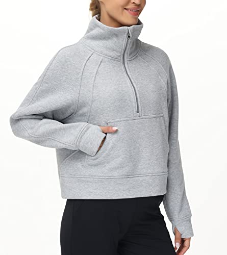 The Gym People Women's Half Zip Pullover Sweatshirt Fleece Stand Collar Crop Sweatshirt With Pockets Thumb Hole Grey #TOP7