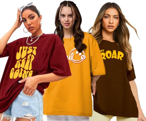 Image of LEOTUDE Oversized Cotton Blend Printed Women's T-Shirts Combo (Pack of 3)
