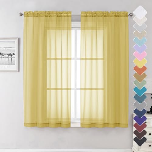 Lecloud Yellow Sheer Curtains 63 Inch Length 2 Panels, Light Filtering Voile Curtain Drapes for Bedroom Basement, Dual Rod Pocket Living Room Elegant Window Treatments, 40" W x 63" L