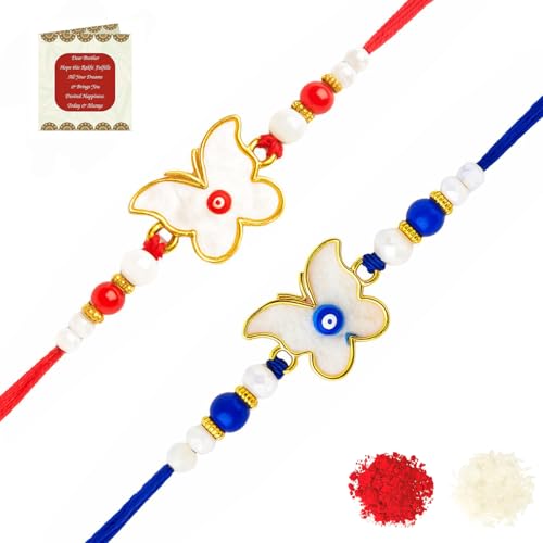 Image of Riddhika Ventures Elegant Evil Eye Rakhi for Protection from Negative Energy (Set Of 2) With Roli Chawal And Greeting Card (T1U1)