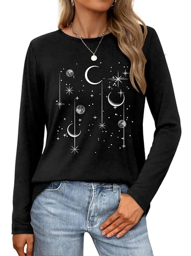 tiorhooe Long Sleeve Women's Floral Print Shirts Women Vintage Crew Neck Graphic Blouse Tops, Black (black 1), M