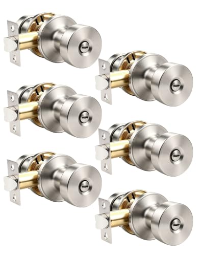 Orger 6 Pack Satin Nickel Interior Door Knobs, Reversible Privacy Door Knob with Lock, Keyless Round Doorknob for Bathroom and Bedroom