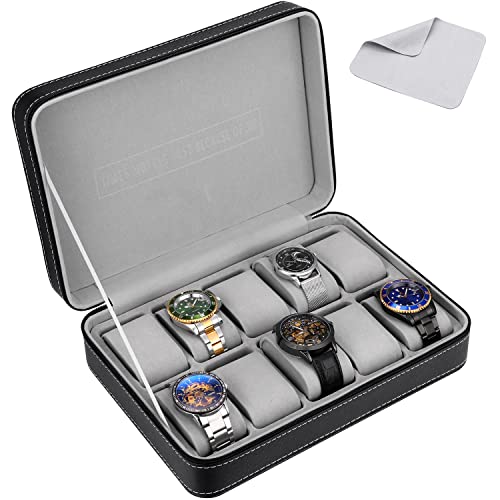 ManChDa 10-slot Watch Box Portable Travel Zipper PU Leather Storage Case Jewelry Storage Box Display Box with Watch Cloth, the Best Watch Storage Box for Business Trips and Gifts Larger Capacity Black