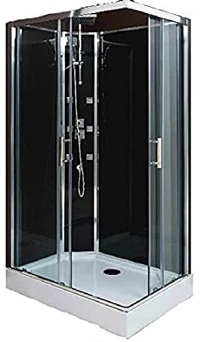 ONDÉE - Cabine hydromassante SELIA - Montage sans silicone - Accès d'angle à portes coulissantes verre trempé - 6 buses hydromassantes carrées - Barre de douche col de cygne - 110x80x228cm