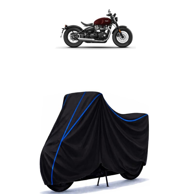 Image of Triumph Bonneville Bobber STD Bike Cover Water Resistant Universal Motorcycle Rain | Heavy Duty UV Protection, Dust, Scratch Indoor Outdoor All Weather with Black Blue Piping Elastic