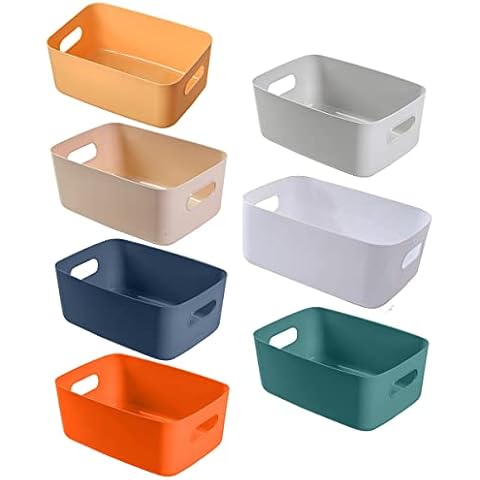 AYSUM 7 Pack Small Plastic Storage Baskets, Colour Cupboard Storage Baskets Kitchen Tidy Organizers for Home, Office and School (25 x 16.5 x 10 cm) Cover