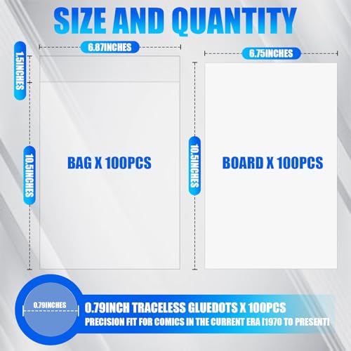 Image of 100 Pack Current Comic Book Bags and Boards, 6.87 inch x 10.5 inch Clear Comic Book Sleeves, Acid-Free Thick Comic Backing Boards for Collectible Book Storage