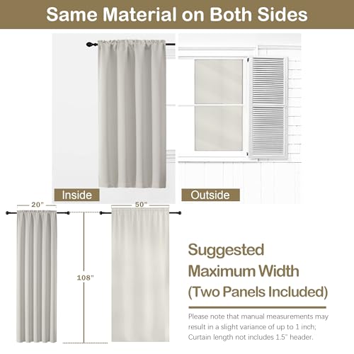 Image of Natural Room Darkening Curtains 108 Inches Long 2 Panels Set, Solid Thermal Insulated Soft Blackout Curtains for Bedroom, Dual Rod Pocket Window Treatments Drapes for Living Room, 2x50Wx108L
