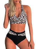 Adigaber Traje de Baño para Mujer Estampado Floral Cuello en V Dos Piezas Conjunto Bañador Control de Vientre de Cintura Alta Bikini