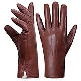  Harssidanzar Guantes de cuero para mujeres,Guantes forrados de piel de conejo de cuero en invierno frío KL027,Coñac,talla L