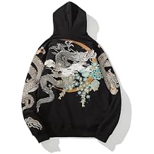 Heavyweight Dragon Embroidered Mens Hoodies Oversized Sweatshirt Retro Pullover Streetwear Spring Fall Clothes Black