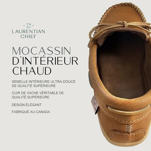 Image of Laurentian Chief Moccasin with 8-Hole Collar for Men - Stylish and Comfortable House Slippers with Brown Rubber Sole - Leather Indoor and Outdoor Slippers