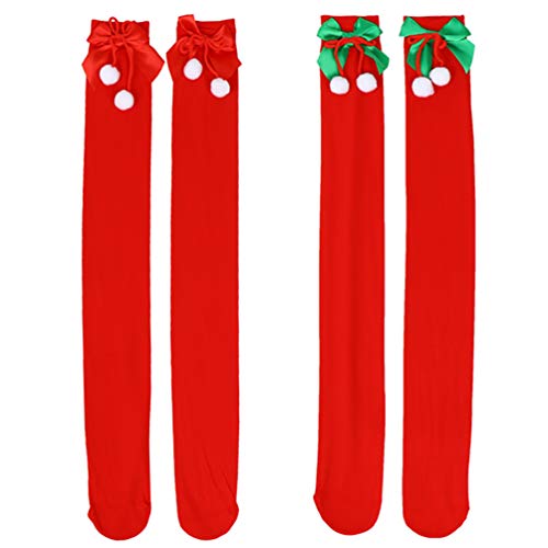 SOIMISS 2 Pares de Medias Navideñas por Encima de La Rodilla con Pelotas de Fiesta Medias hasta La Rodilla Calcetines Suaves Y Cálidos de Invierno Rojo Cover