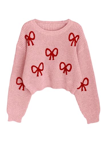 Image of BEAUDRM Girl's Cute Bow Sweater Crew Neck Long Sleeve Drop Shoulder Loose Pullover Tops