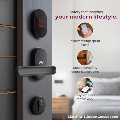 Image of Godrej Smart Lock I GSL D1R | 3 in 1 Digital Lock I Fingerprint, Mobile App & BLE | 360 Biometric | Ideal for Single Wooden Doors I 3 Yrs Warranty I Made in India | | Black