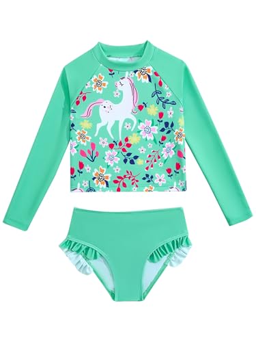 Choomomo Kids Girls 2-Piece Swimsuit Rash Guard Set Long Sleeve Horse Floral Printed Athletic Swimwear Set