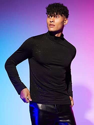 WDIRARA Men's Mock Neck Long Sleeve Party Dance Club Glitter Fitted Top Tshirt4