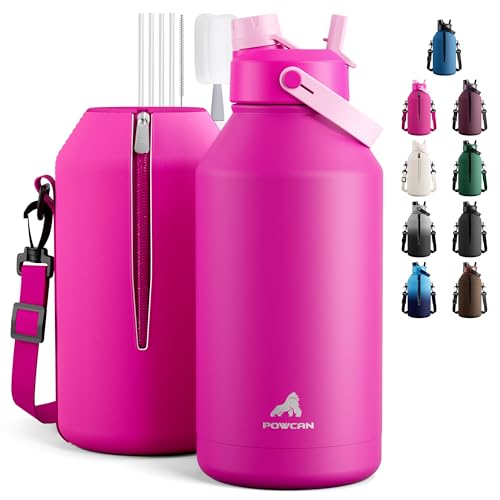 Image of POWCAN 64 oz Insulated Metal Water Bottle for Women: 2-in-1 Straw & Spout Lid, Keep Cold 48H, Leakproof, Carrier Bag, Half Gallon Stainless Steel Water Bottle for Sports, Travel, and Fitness (Peony)