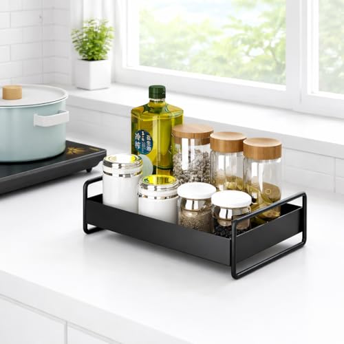 Image of Mate Black Metal Tray Serving Tray - Rectangular Tray with Handles for Kitchen, Dining, Coffee Table & Home Decor - Tea Snacks Breakfast Tray (Z Black)
