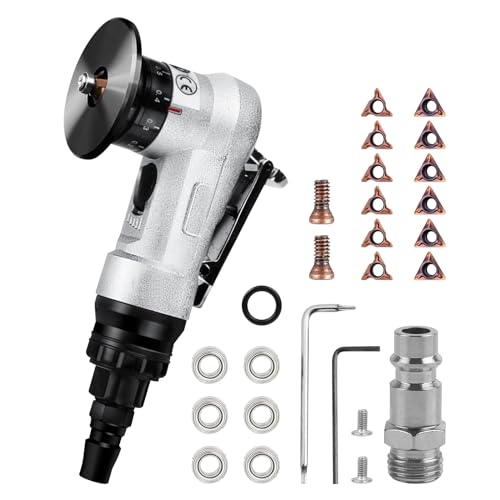 Mini máquina de biselado neumática, aluminio Aloy de mano, máquina biseladora de aire de arco de 45 grados con cuchillas de repuesto para desbarbado de biselado de metal (6 insertos R + 6 insertos C +
