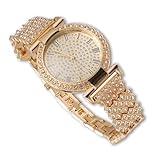richhut Orologio da donna con diamanti da donna, quadrante rotondo ghiacciato largo 15 mm, cinturino in vero oro 18 kt/oro rosa/oro bianco placcato platino, con catena a maglia cubana opzionale