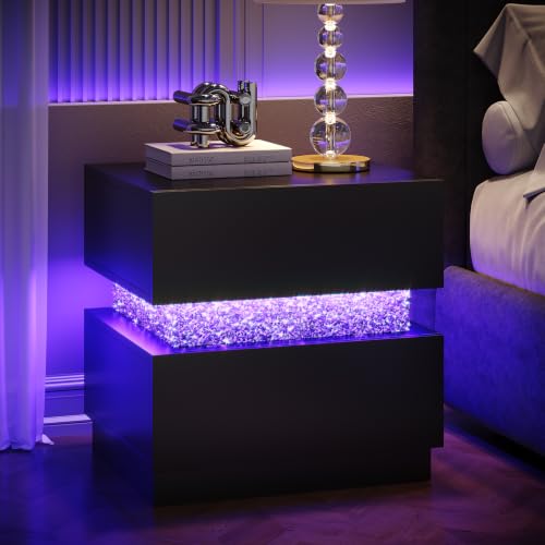 4ever2buy Modern Nightstand with LED Lights & Diamond, Black