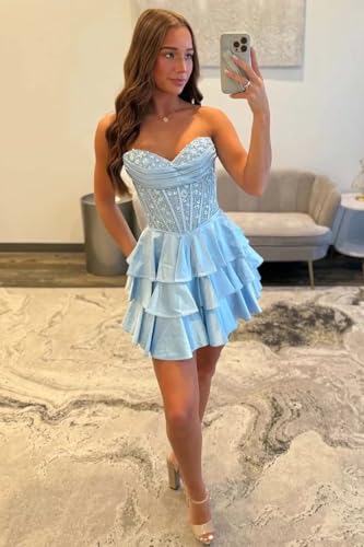 Short Strapless Satin Homecoming Dresses for Teens 2025 Corset Tiered Ruffle Beaded Cocktail Dress3
