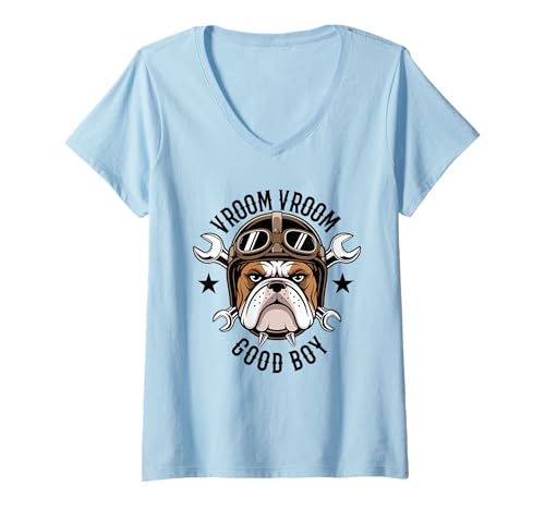 Femme Vroom Vroom Bulldog Mechanic Biker Casque Clé croisée T-Shirt avec Col en V