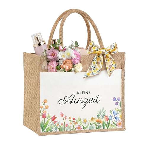 Kleine Auszeit Geschenk Jutetaschen Geburtstag für Frauen 35x30x14cm Große Personalisierte Jute-Einkaufstaschen für Frauen Freundin Mama Mädchen zum Geburtstag Weihnachten