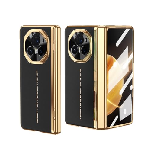 HUOLUNGJIN Luxuriöse Plating Lederhülle Kompatibel mit Huawei Honor Magic V3 Hülle, [Scharnierschutz] [Eingebauter HD-Bildschirmschutz] Stoßfeste Schutzhülle für Huawei Honor Magic V3 (Schwarz)