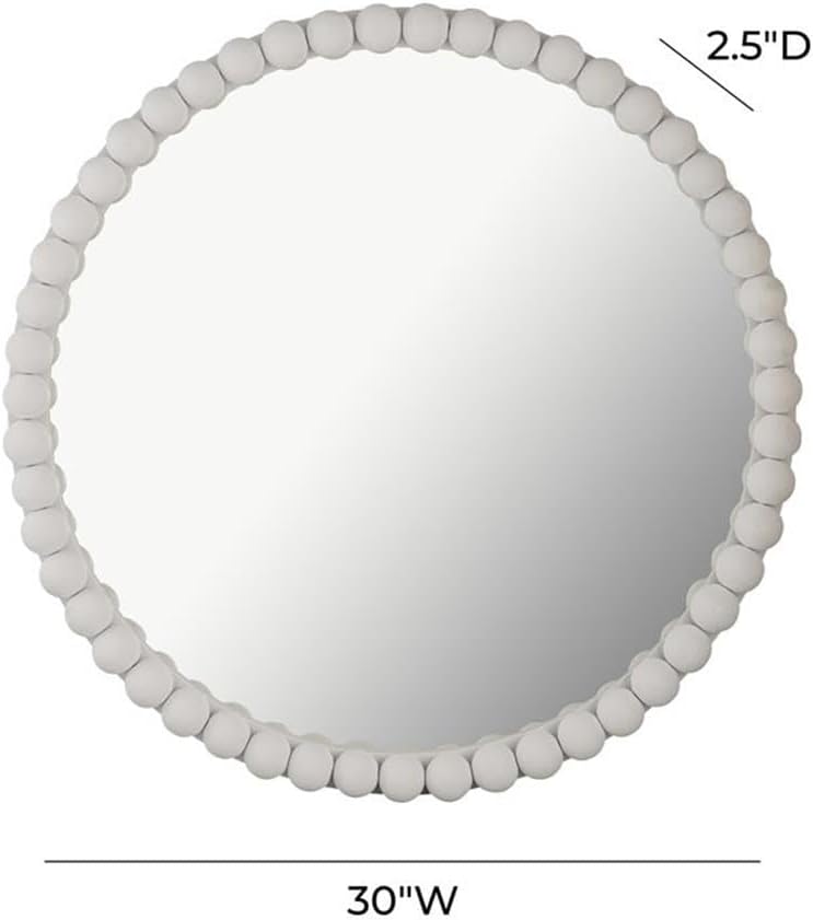 Pemberly Row 30" H Round Glass & Iron Accent Mirror, White Finish, Handmade Wooden Frame, Transitional Style Decorative Wall Mirror for Living Room or Entryway