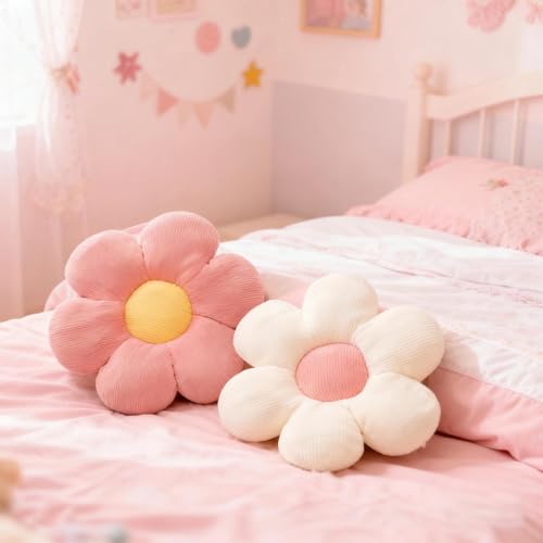 2 Stück Blumenbodenkissen, Ästhetische Kuschelkissen als Zimmerdeko für Mädchen, Süße Deko & Sitzkissen für Kinderzimmer, Mädchenzimmer, Teenager-Room, Schlafzimmer, Sofa und Boden (Rosa & Weiß)