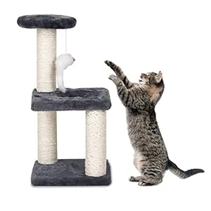 Small Cat Tree with Sisal Scratching Pole, Cat Toys for Indoor Cats, Cat Scratching Post with Cat Interactive Toy, Easy Installation Cat Tower for Small Cat (Gray)