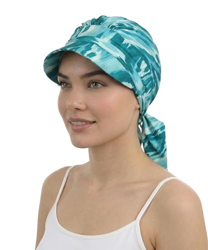 Deresina Gorro Oncológico Mujer Verano – Turbante Oncológico Algodón Pre-Anudado, Pañuelo Oncológico Alopecia, Visera Protección Solar (Armonía Aqua - Talla Única)